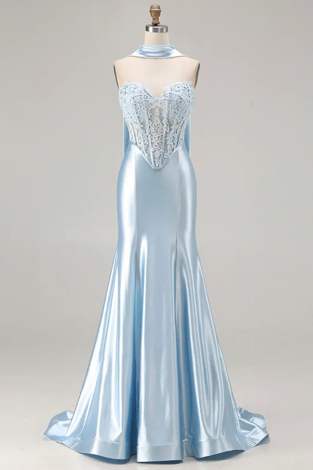 Chic Prom Dress Blue Satin Mermaid Strapless Sweetheart Corset Lace Applique Sleeveless Backless With Scarf Bargain Long Wedding Guest Dress