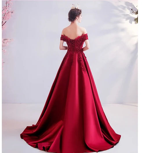 Burgundy Off Shoulder Beaded Satin Ball Gown Prom Dress