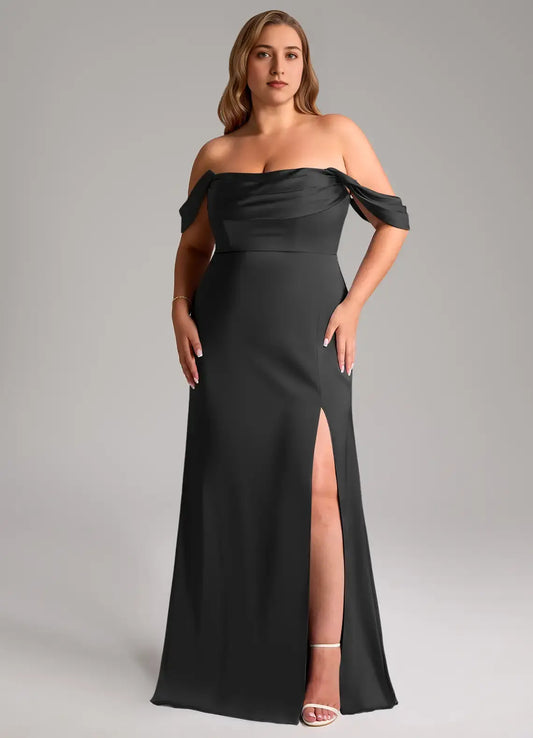 Wedding Guests Dresses Elegant Black Sheath Off the Shoulder Sleeveless Pleated Backless Side Fork Floor-Length Plus Size Formal Dress Discount Hot Sale Prom Dress