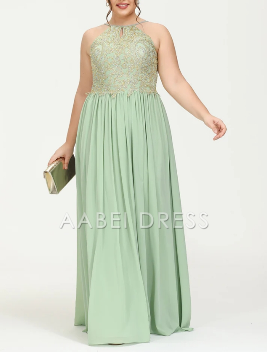 AABEI DRESS A-Line Halter Sleeveless Beaded Pleated Floor-Length Chiffon Plus Size Evening Dress