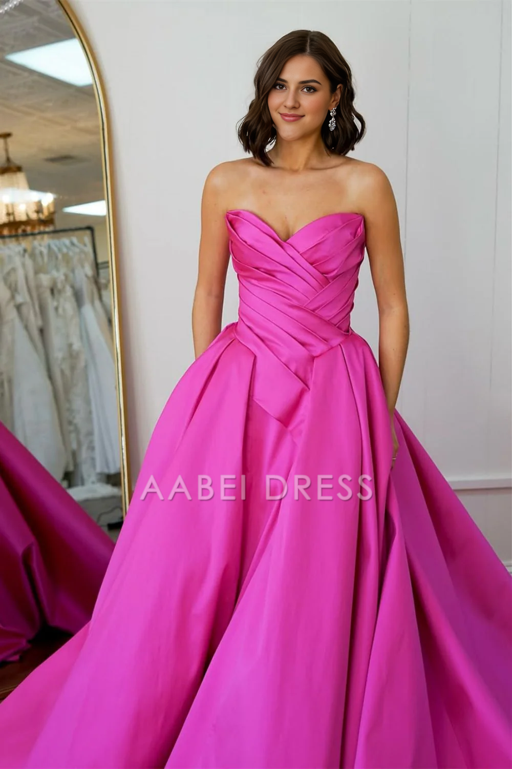 AABEI DRESS Hot Sale Prom Dress Elegant A-Line Strapless Pleated Long Court Train Satin Gorgeous Formal Dress
