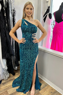 Evening Dress One-Shoulder Turquoise Sequin Keyhole Long Prom Dress Side Fork Lace up Backless Exquisite Formal Women's Dresses