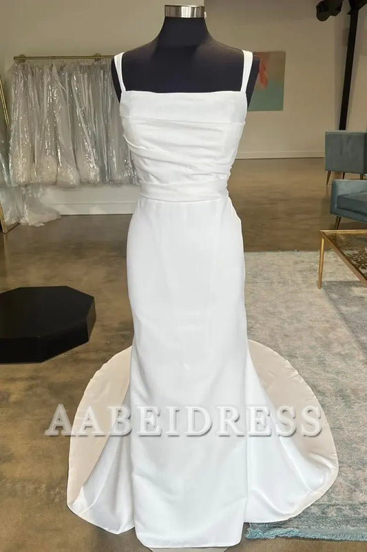 AABEI DRESS Wedding Dress Straight Neck Pleated Bodice Mermaid Long Sweep Train Exquisite Elegant Dress