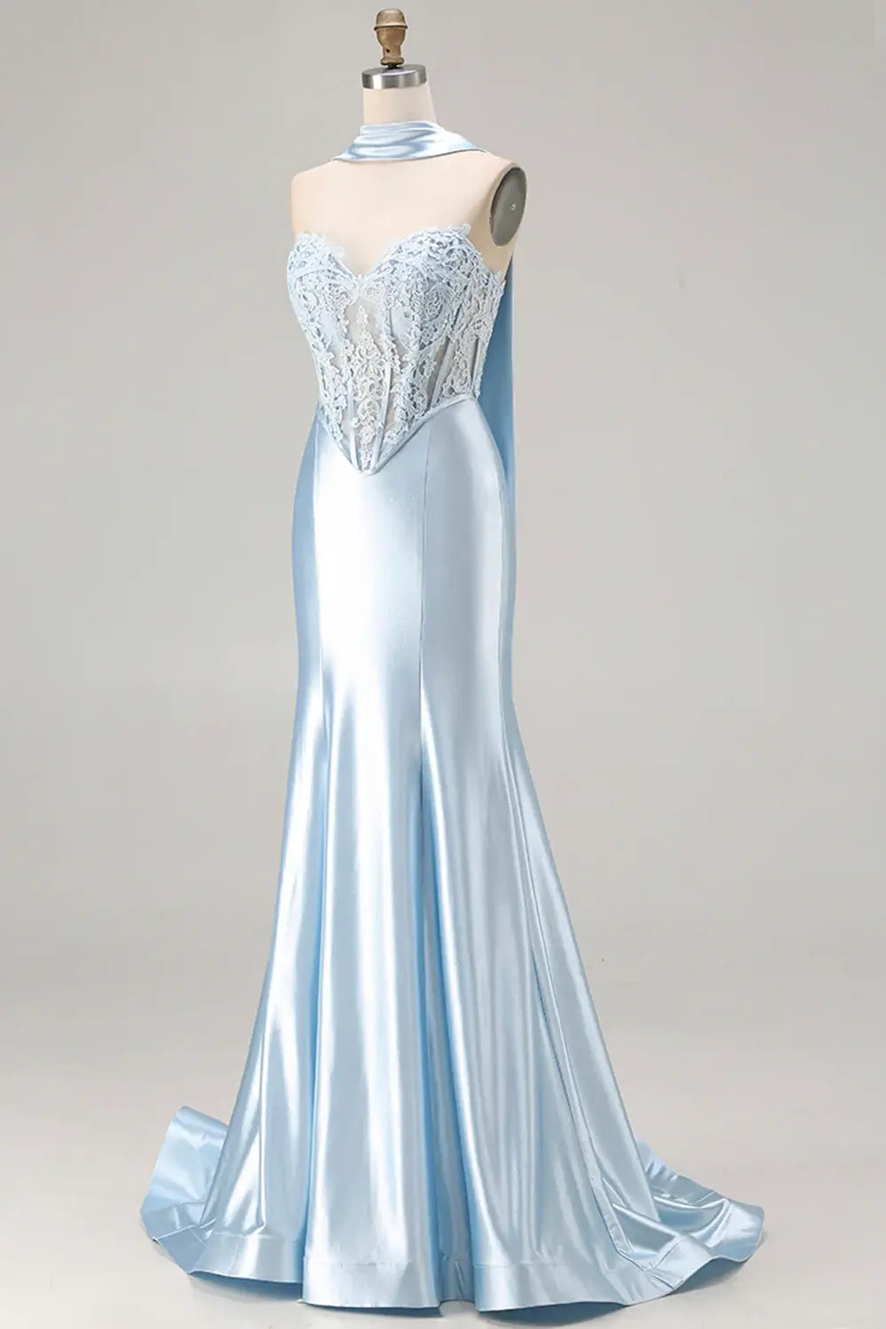 Chic Prom Dress Blue Satin Mermaid Strapless Sweetheart Corset Lace Applique Sleeveless Backless With Scarf Bargain Long Wedding Guest Dress