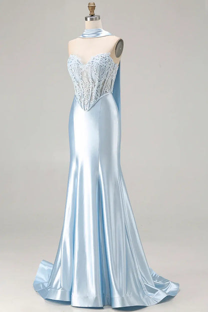 Chic Prom Dress Blue Satin Mermaid Strapless Sweetheart Corset Lace Applique Sleeveless Backless With Scarf Bargain Long Wedding Guest Dress