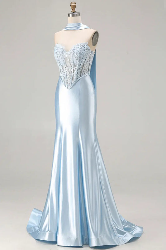 Chic Prom Dress Blue Satin Mermaid Strapless Sweetheart Corset Lace Applique Sleeveless Backless With Scarf Bargain Long Wedding Guest Dress