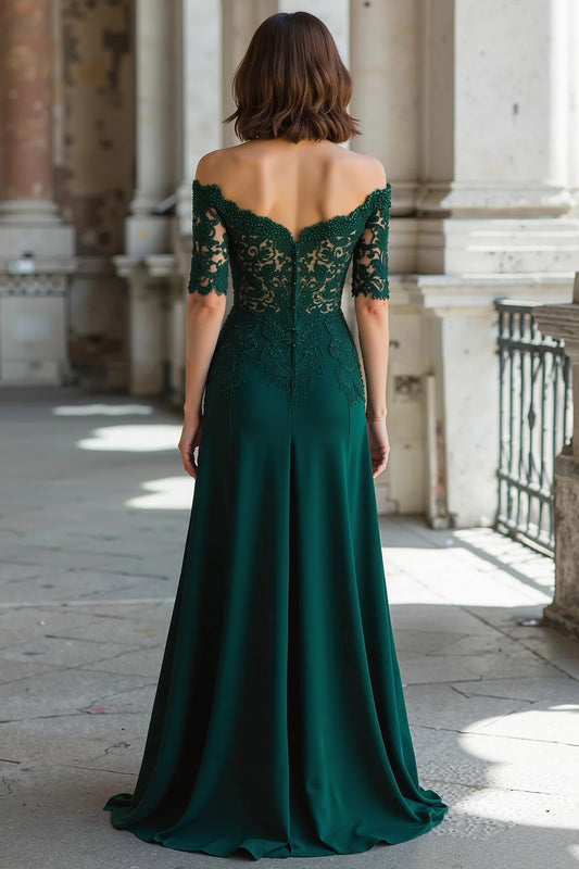 Dark Green A Line Off the Shoulder Sweetheart Neckline Half Sleeve Chiffon with Beadwork Lace Applique Backless Retro Long Wedding Guest Dress For Women New Style Mother of the Bride Dress