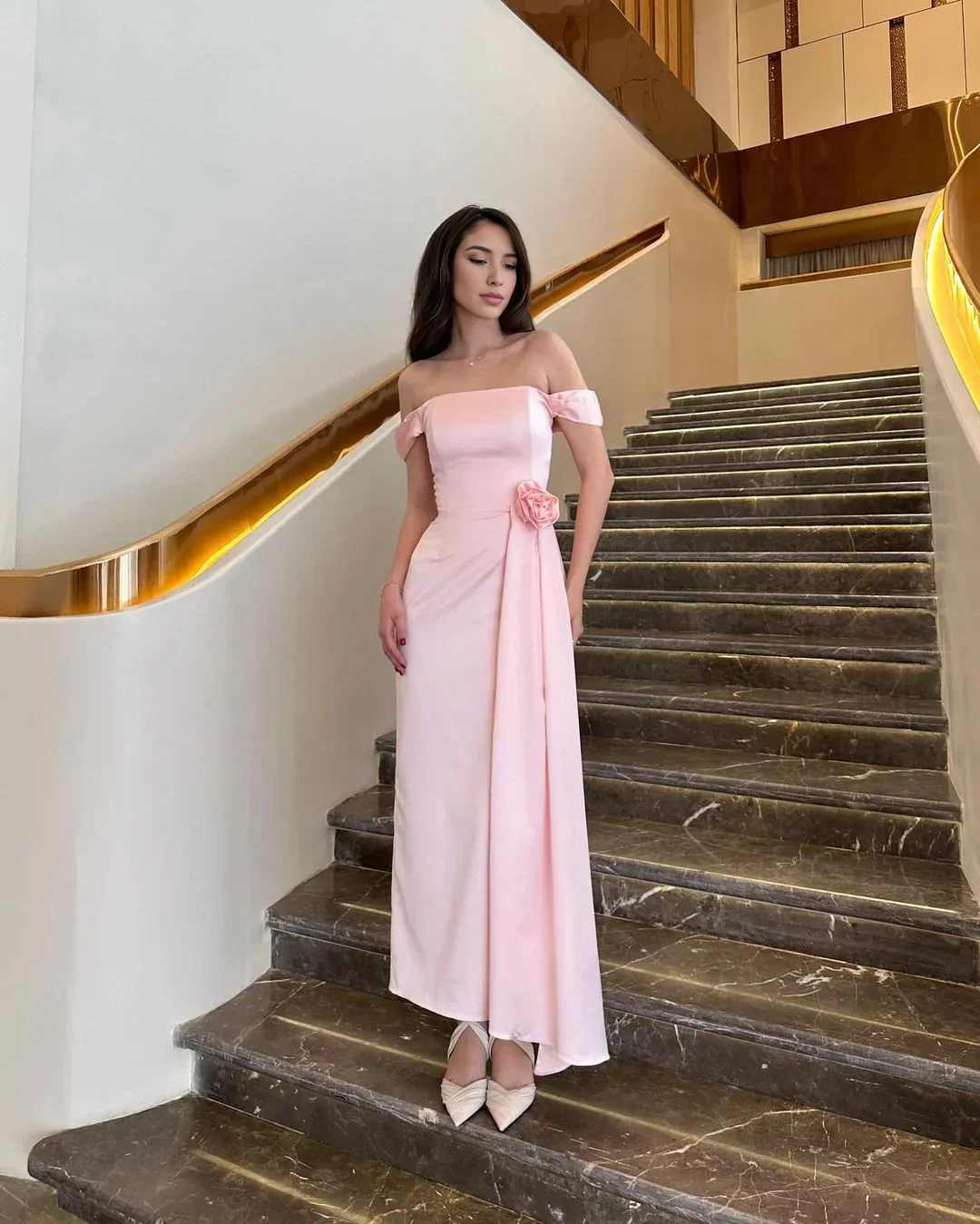 AABEI DRESS Beautiful Off The Shoulder Flower Decoration Exquisite Long Prom Dress