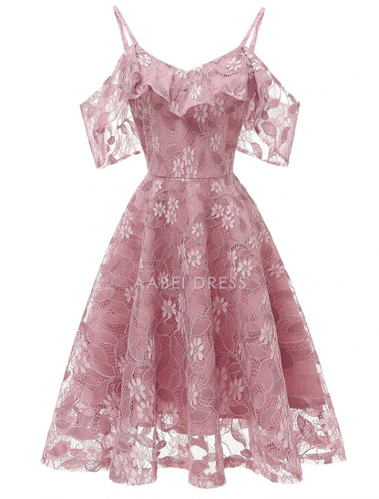 AABEI DRESS New Homecoming Dress A-Line Cocktail Dresses Beach Wedding Elegant Wedding Guest Graduation Knee Length Off Shoulder Spaghetti Strap Lace Pattern Prom Dresse