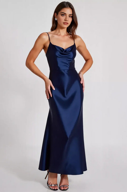 Elegant Navy A Line Spaghetti Straps Strapless Ruched Simple Long Formal Dress Hot Sale Evening Dresses