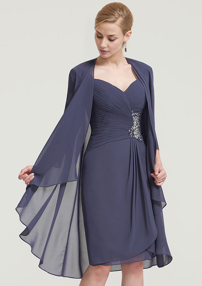 Vintage Exquisite Wedding Guest Dresses Chiffon Sheath/Column Sweetheart Neckline Lace Appliqued 3/4 Sleeve Pleated Beading With Jacket Two-Piece Knee-Length Bargain Mother of the Bride Dress