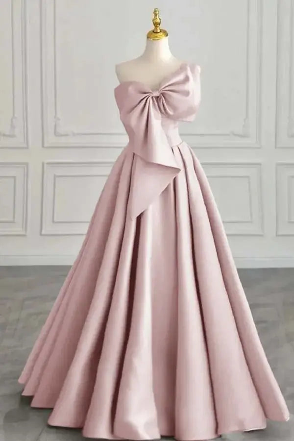 Elegant Formal Women's Dresses Satin A Line One Shoulder Sleeveless With Bowkont Ruched Hem Long Affordable Prom Dress