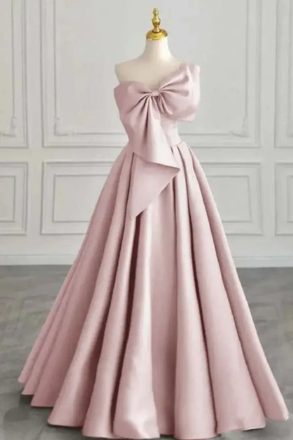 Elegant Formal Women's Dresses Satin A Line One Shoulder Sleeveless With Bowkont Ruched Hem Long Affordable Prom Dress