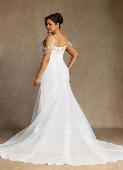 Exquisite White Mermaid Spaghetti Strap V Neck Sleeveless Beaded Tassel Sequins Tulle Lace Applique Side Fork Plus Size Hot Sale Wedding Dress