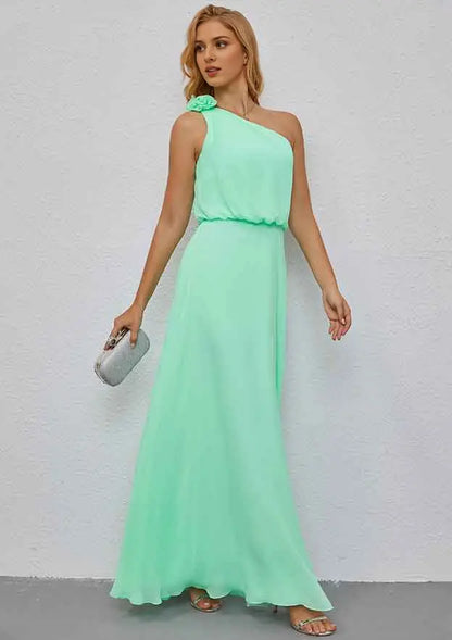 Elegant Green Chiffon A-line One-Shoulder Shoulder 3D Flower Sleeveless With Ruffles Affordable Floor-Length Bridesmaid Dress