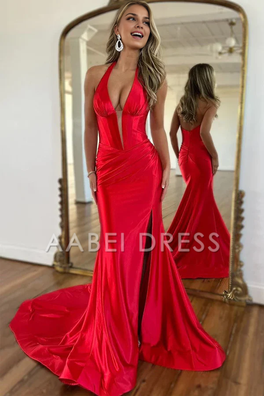 AABEI DRESS Prom Dress Charming Halter Sleeveless Mermaid Pleated Backless Long with Slit Formal Dress