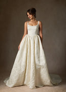 Fashion White Floral Jacquard A Line Square Neck Sleeveless with Pockets Bows Hot Sale Wedding Dress