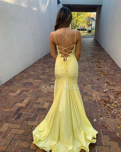 AABEI DRESS Prom Dress Mermaid V Neck Spaghetti Strap Backless Side Fork Long Charming Dress