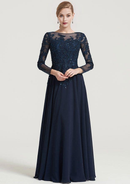 Retro Elegant Wedding Guest Dresses Navy Blue Chiffon A-line Boat Neck 3/4 Long Sleeve With Beading Appliqued Ruched Floor-Length Bargain Mother of the Bride Dress