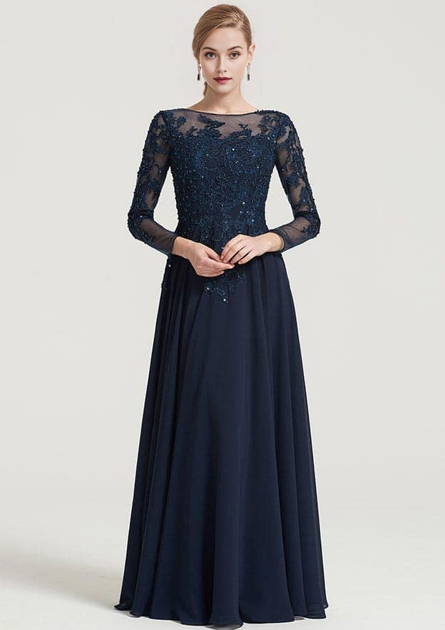 Retro Elegant Wedding Guest Dresses Navy Blue Chiffon A-line Boat Neck 3/4 Long Sleeve With Beading Appliqued Ruched Floor-Length Bargain Mother of the Bride Dress