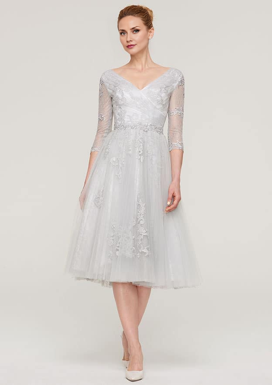 Grey Satin Tulle Lace A-Line V-Neck Back Zip Tea-Length Dress