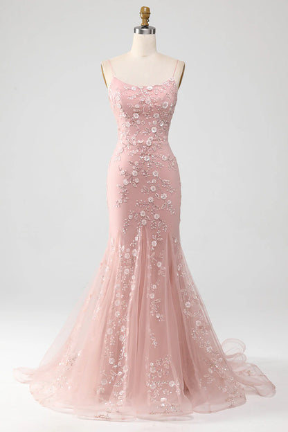 Exquisite Party Dress Blush Mermiad Spaghetti Straps with Appliques Backless Long Hot Sale Prom Dresses