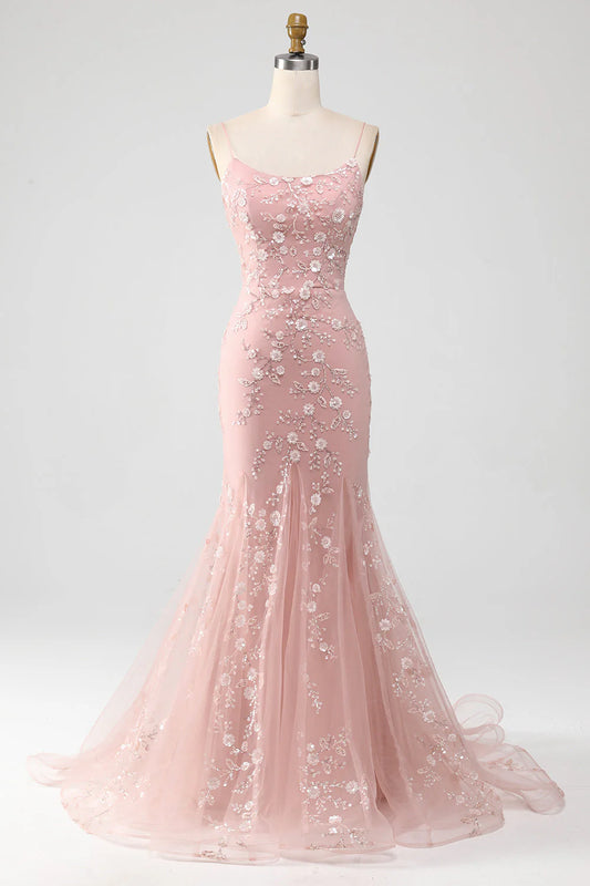 Exquisite Party Dress Blush Mermiad Spaghetti Straps with Appliques Backless Long Hot Sale Prom Dresses