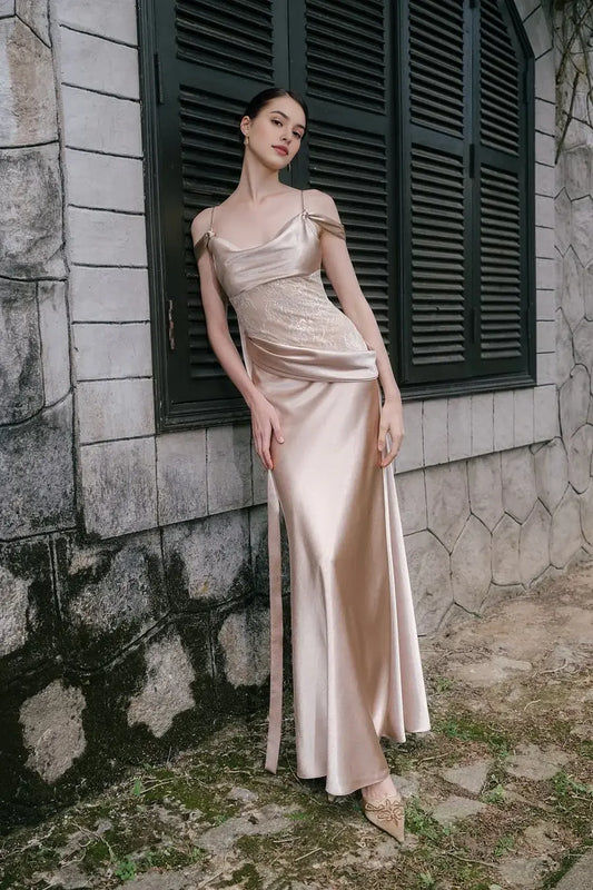 Exquisite Champagne Satin Mermaid Spaghetti Straps Cowl Neck Sleeveless Pleated With Ruffles And Lace Backless Long Affordable Prom Dress