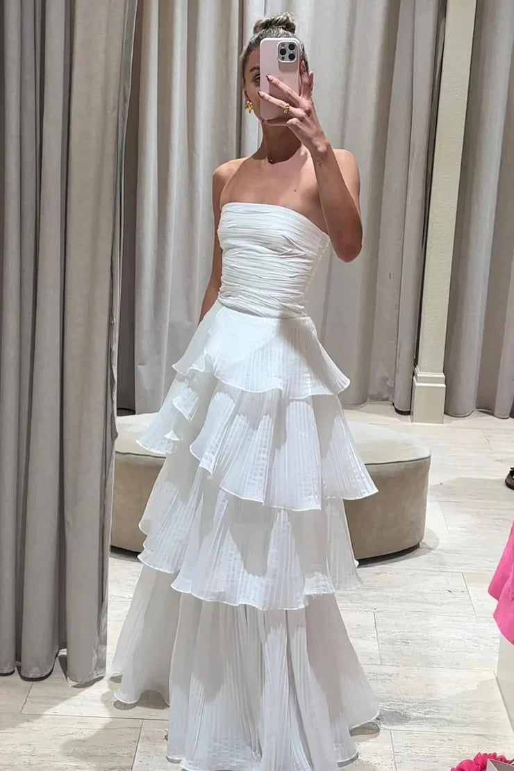 AABEI DRESS Prom Dress Sheath Strapless Organza Satin Tiers Ruched Long Formal Dress