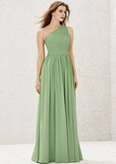 Elegant Mint Green Chiffon A-line One-Shoulder Sleeveless With Pleated Affordable Floor-Length Bridesmaid Dress