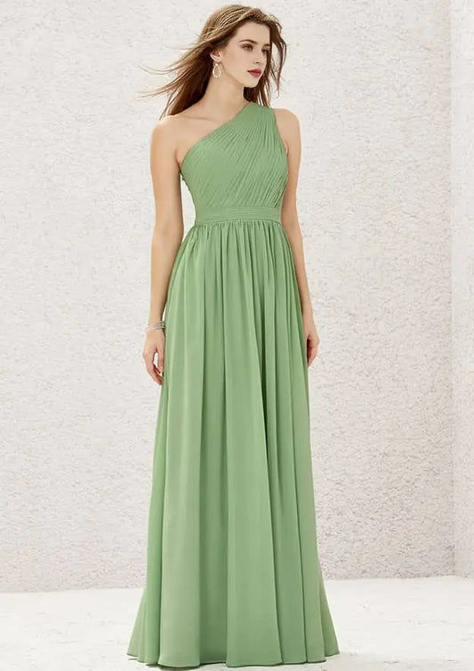 Elegant Mint Green Chiffon A-line One-Shoulder Sleeveless With Pleated Affordable Floor-Length Bridesmaid Dress