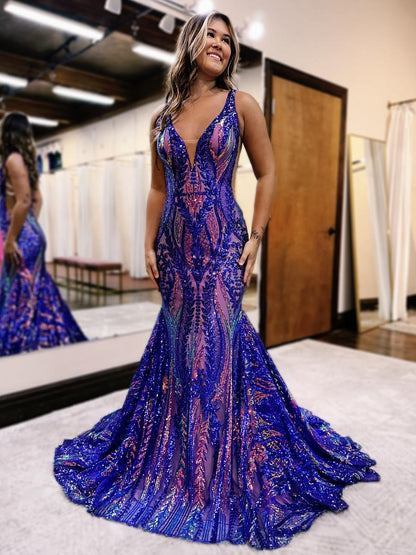 AABEI DRESS Prom Dress Charming Mermaid V Neck Backless Sequin Lace Long Sweep Formal Dress