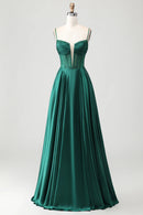 Fashion Prom Dress Sparkly Dark Green A Line Spaghetti Strap Deep V Neck with Rhinestones Sleeveless Ruched Backless Bargain Long Wedding Guest Dress