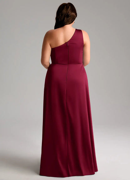 Elegant Burgundy A-Line One Shoulder Sleeveless Knot Pleated Side Fork Simple Plus Size Formal Dress Hot Sale Prom Dress