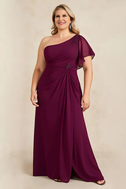 Wedding Guest Dress Burgundy Sheath One Shoulder Flutter Sleeves Pleated Beadwork Fashion Plus Size Dress Hot Sale Long Mother of the Bride Dress