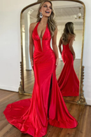 AABEI DRESS Prom Dress Charming Halter Sleeveless Mermaid Pleated Backless Long with Slit Formal Dress