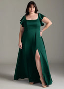 Wedding Guests Dresses Emerald A-Line Square Neck Ruffle Flutter Sleeve Side Fork Scoop Back Classic Plus Size Formal Dress Discount Hot Sale Prom Dress
