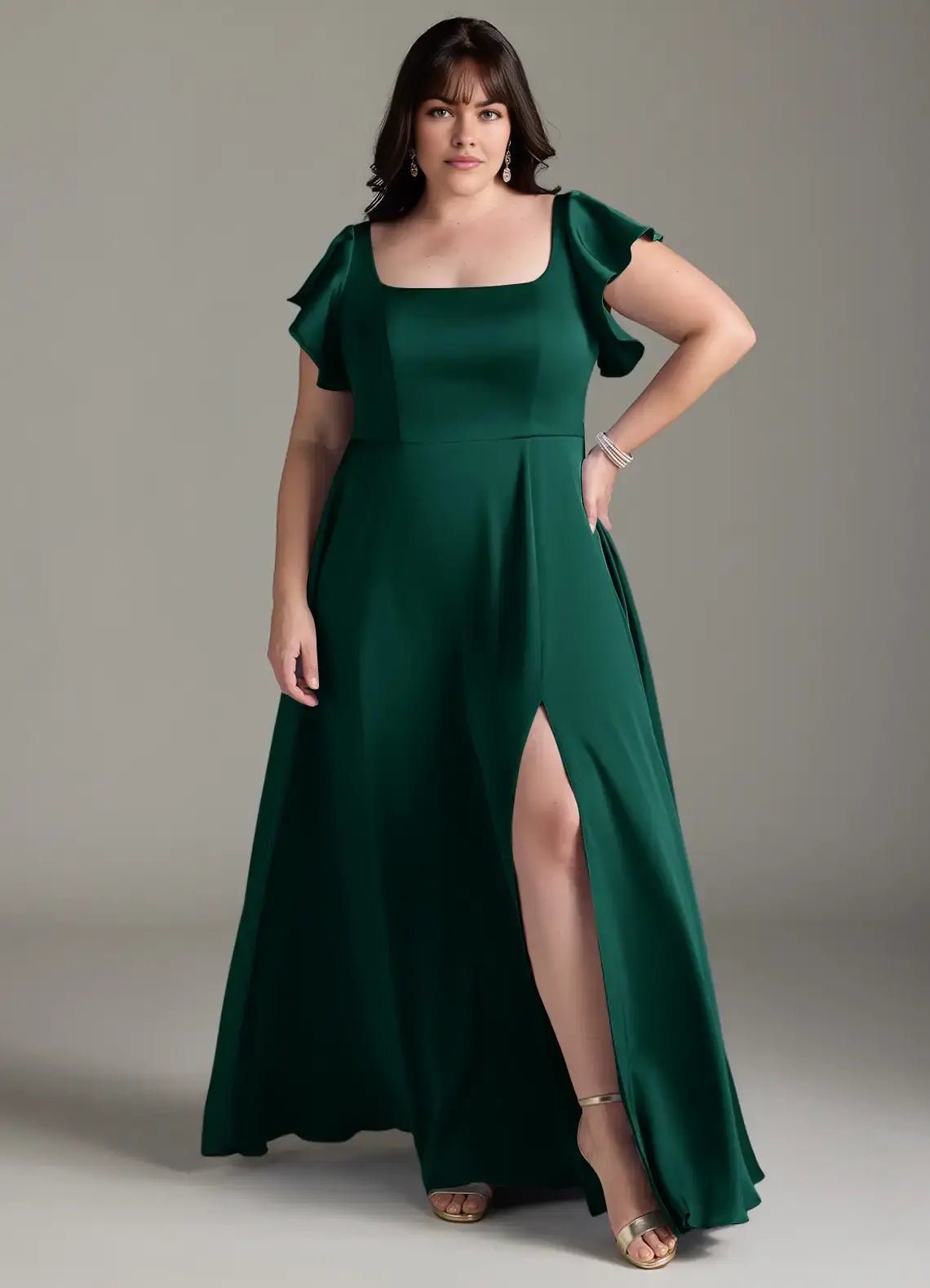 Wedding Guests Dresses Emerald A-Line Square Neck Ruffle Flutter Sleeve Side Fork Scoop Back Classic Plus Size Formal Dress Discount Hot Sale Prom Dress