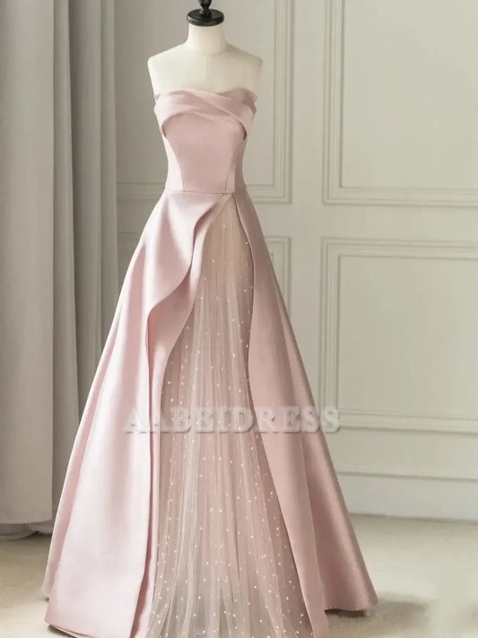 Evening Dress Sleeveless A-Line Floor-Length Satin Tulle Splicing together Strapless Backless Formal Women's Dresses