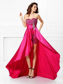 A-Line/Princess Sweetheart Beading Sleeveless High Low Woven Satin Dresses