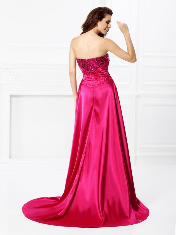 A-Line/Princess Sweetheart Beading Sleeveless High Low Woven Satin Dresses