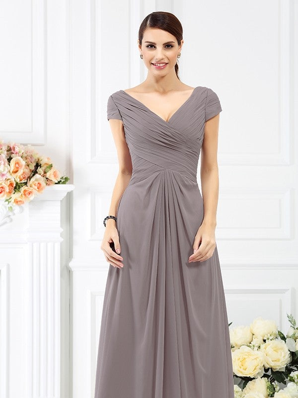 A-Line/Princess V-neck Pleats Short Sleeves Long Chiffon Bridesmaid Dresses