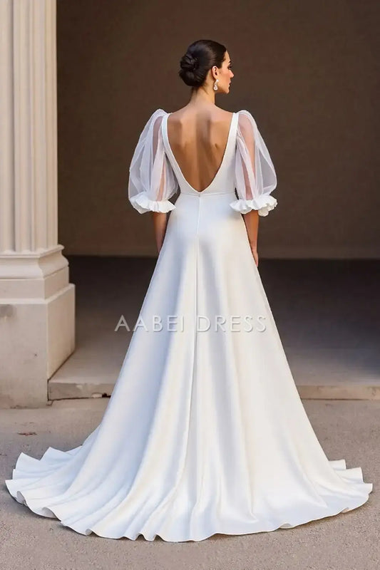 AABEI DRESS Formal Wear Dresses A Line V-Neck Half Sleeve Backless Sweep Train Exquisite Wedding Dress
