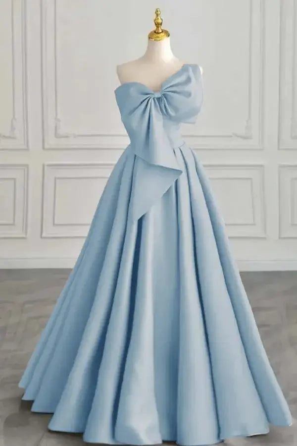 Elegant Formal Women's Dresses Satin A Line One Shoulder Sleeveless With Bowkont Ruched Hem Long Affordable Prom Dress