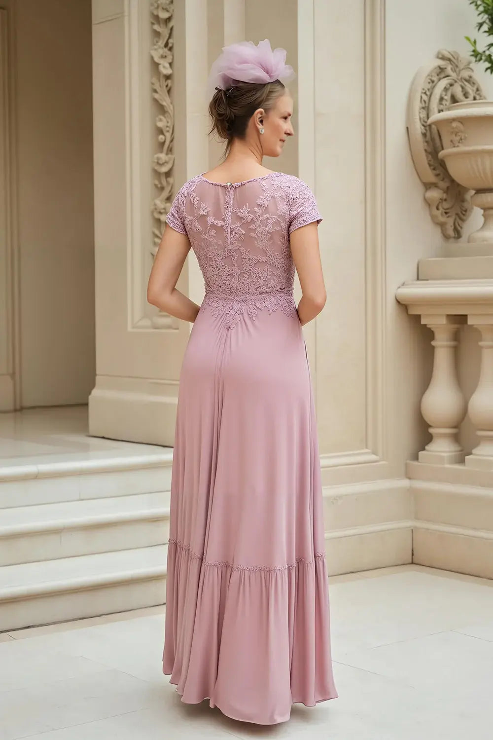 Dusty Rose Chiffon A Line V-Neck Cap Sleeve with Lace Ruched Hem Retro Long Wedding Guest Dress Hot Sale Mother of the Bride Dresses
