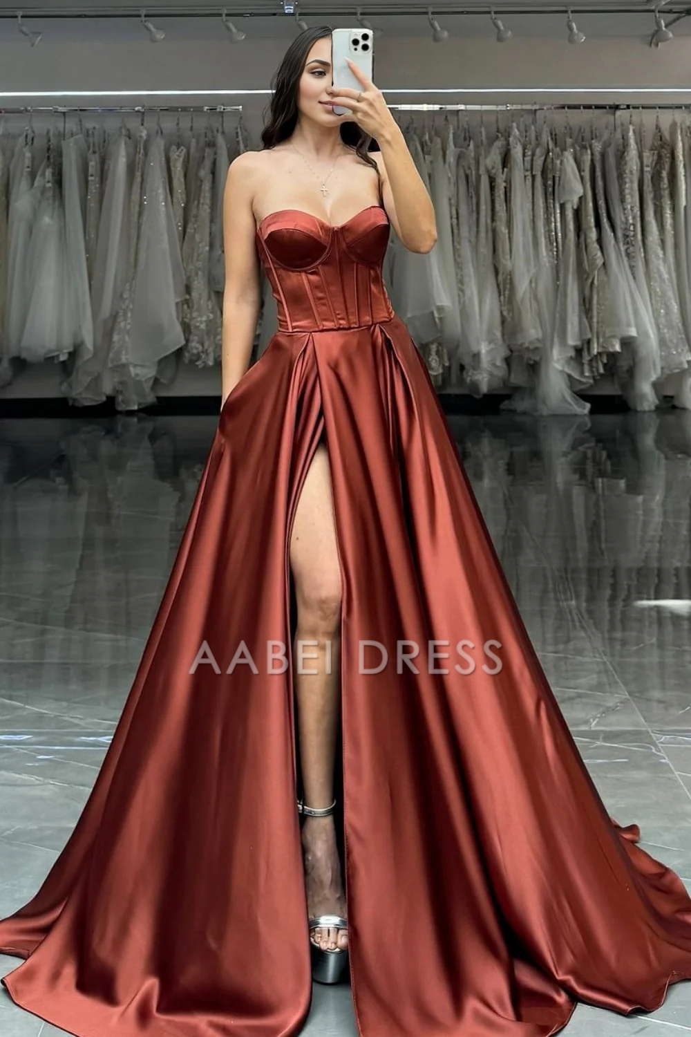 AABEI DRESS Hot Sale Prom Dress Pretty A-Line Strapless Sweetheart Long Satin with High Slit Elegant Formal Dress