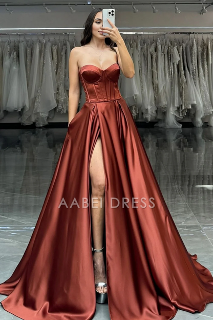 AABEI DRESS Hot Sale Prom Dress Pretty A-Line Strapless Sweetheart Long Satin with High Slit Elegant Formal Dress