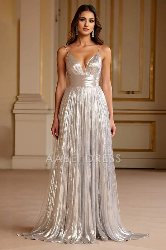 AABEI DRESS Hot Sale Prom Dress Deep V-Neck Spaghetti Strap Backless Pleated Sparkle Long Formal Dress