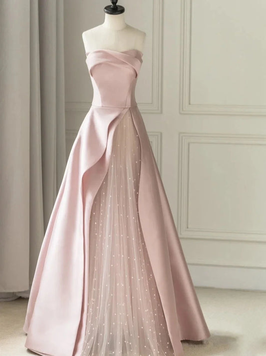 Evening Dress Sleeveless A-Line Floor-Length Satin Tulle Splicing together Strapless Backless Formal Women's Dresses