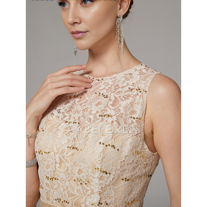 AABEI DRESS Wedding Guest Dress A-Line Elegant Jewel Neck High Low  Asymmetrical Satin Lace Sleeveless Floor Length with Bow(s) Pleats Mother of the Bride Dress